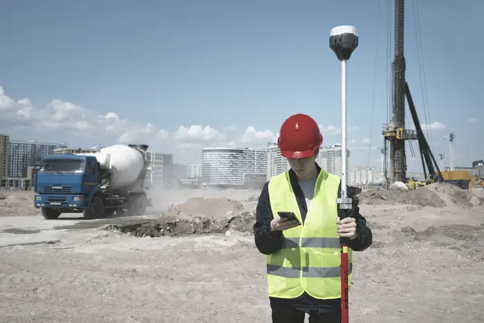 Topograf cu cască și vestă reflectorizantă, cu receptor GNSS, pe un șantier.