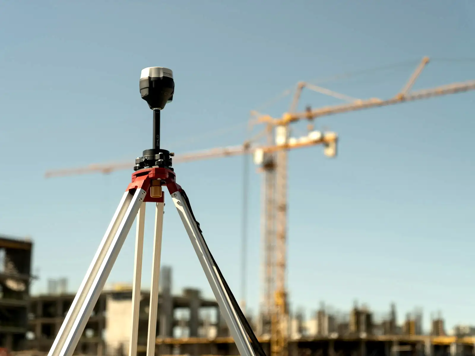 Receptor GNSS pe trepied în fața unui șantier cu blocuri în construcție și macarale.